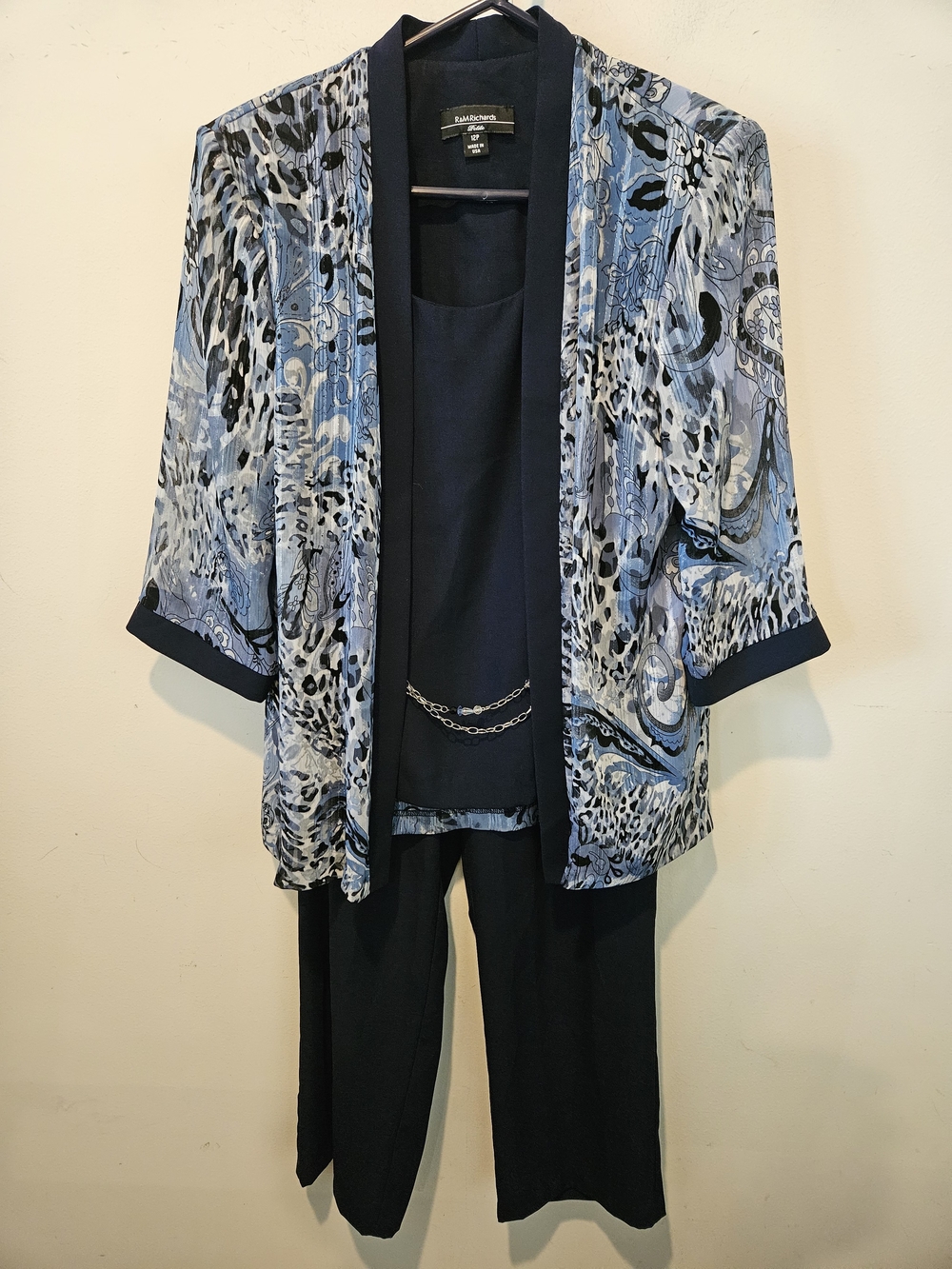 R & M Richards Blue Patterned Open-Front Jacket Set - Navy Shell & Pants